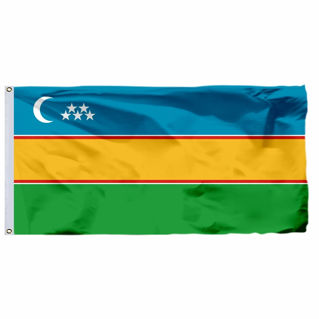 

Uzbekistan Karakalpakstan flag, 90x150cm, 3x5ft, 60x90cm, 100D polyester double stitched, 21x14cm