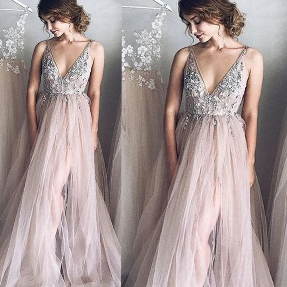 Blush dresses 2020 V คอลูกไม้ appliques ดอกไม้สายความยาวชั้น Tulle ชุดราตรี gowns