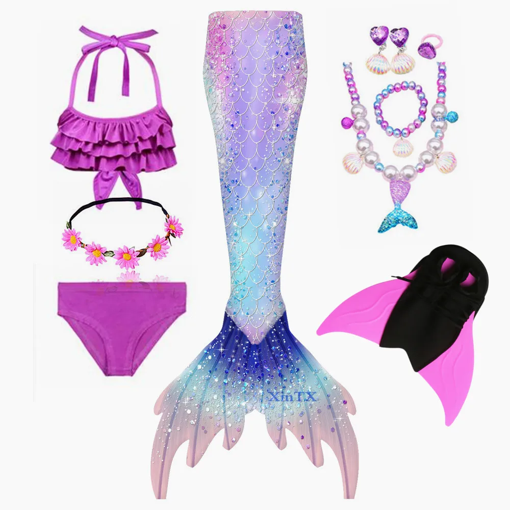 Kids Swimmable Mermaid Tail for Swimming Set Fancy Children Mermaid Tail Swimsuit Can Add Monofin Fin Costume Cosplay 3-12Y