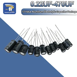 Conjunto de condensador electrolítico de aluminio, Kit de 12 valores, 120 UF-0,22 UF, paquete de 16V-50V, 470UF, 0,47 UF, 1UF, 4,7 UF, 10UF, 33UF, 2,2 UF, 100UF, 220UF, Uds.