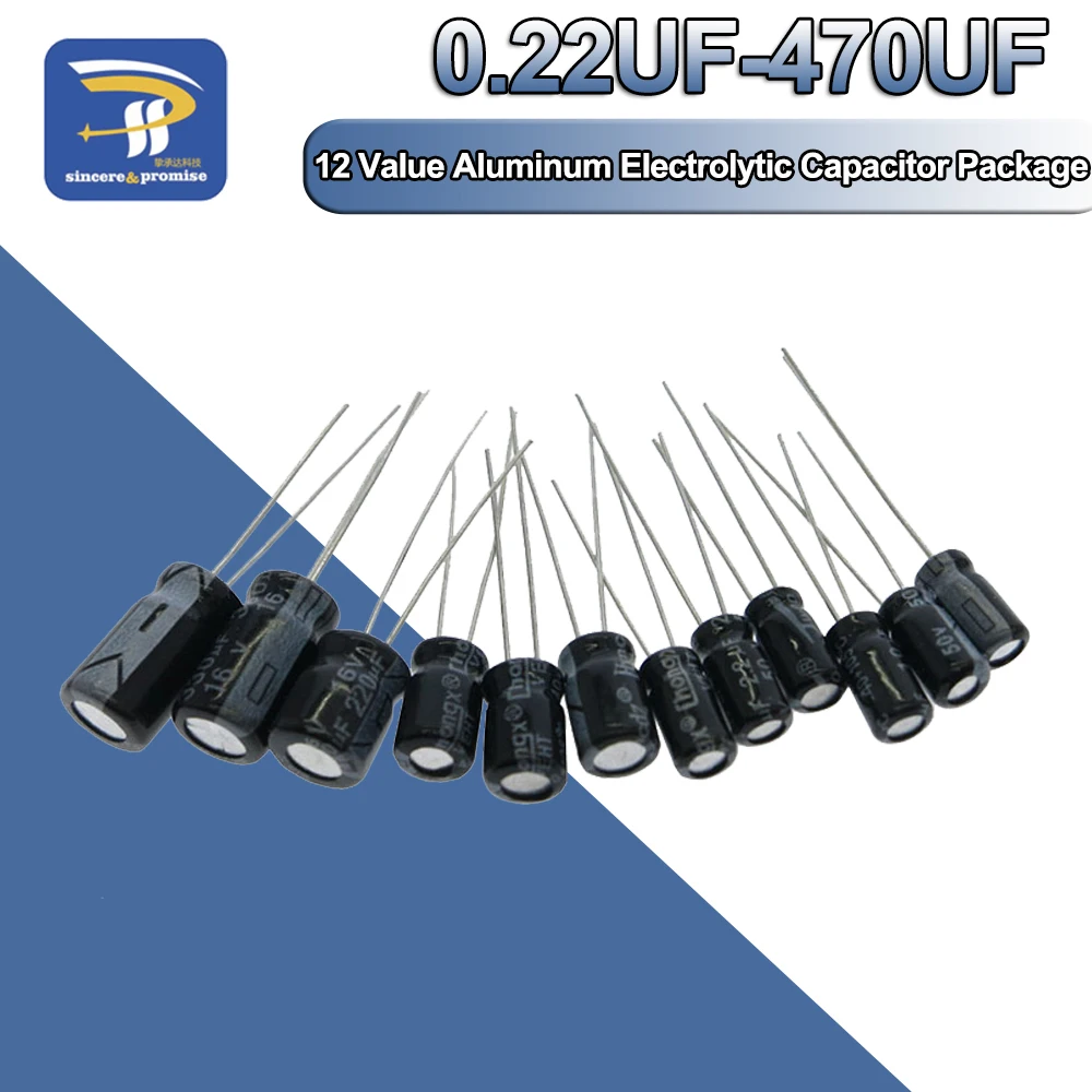 120Pcs 12Value Kit 0.22UF-470UF Set Aluminum Electrolytic Capacitor Package 16V-50V 0.47UF 4.7UF 1UF 2.2UF 10UF 33UF 100UF 220UF