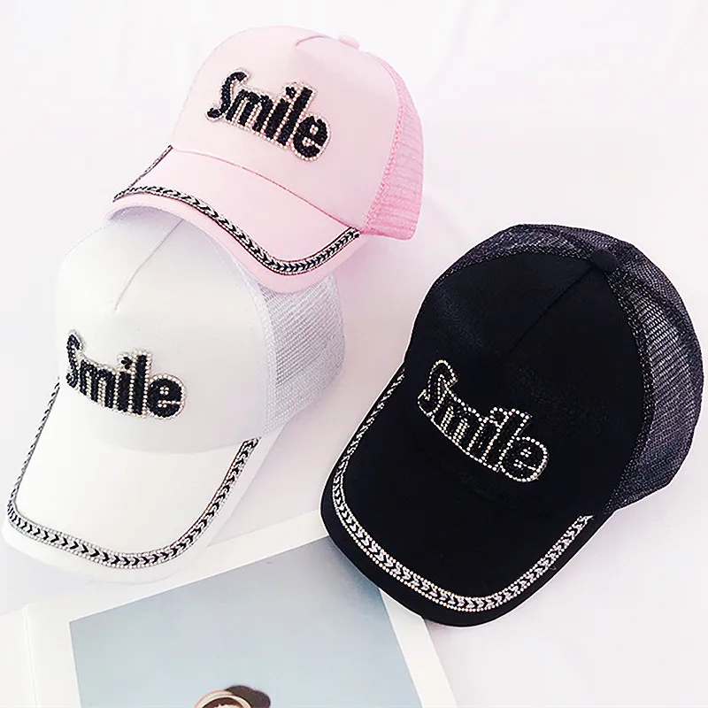 Diamond Letters Smile Casual Adjustable Baseball Cap Rhinestone Bright Silk Hollow Breathable Women Spring Summer Mesh Sun Hat