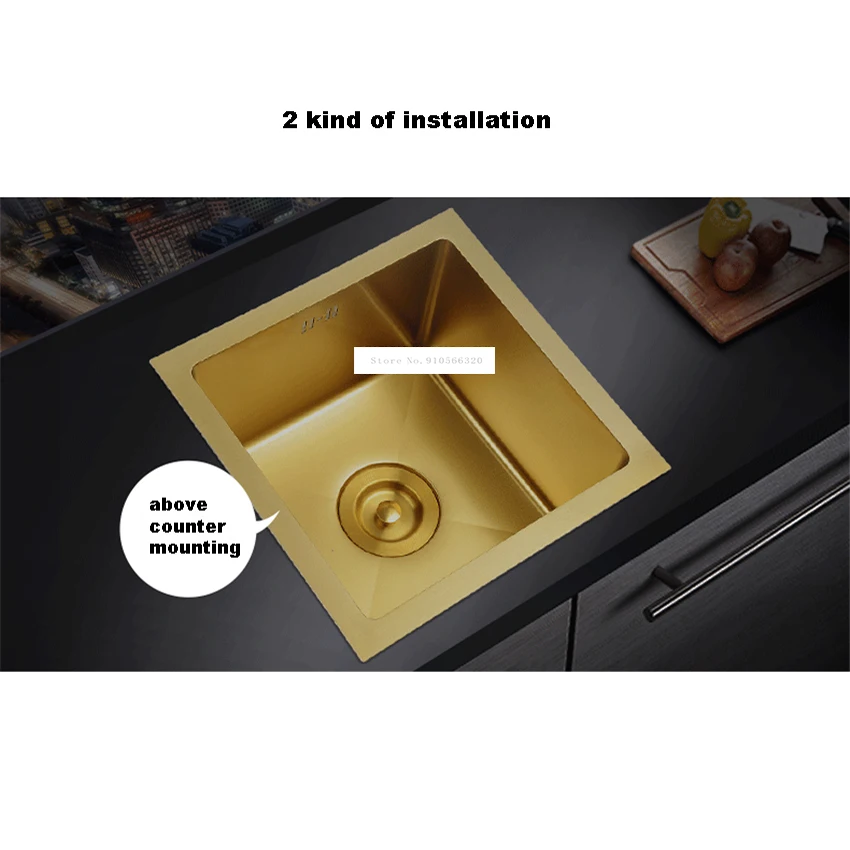 DQ3636 Small Size Bar Counter Vegetable Washing Basin Golden Nano Hand-Made Single Slot Groove Kitchen Stainless Steel Sink