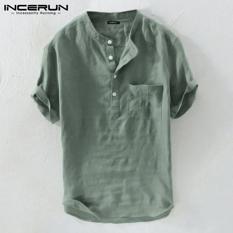 INCERUN Summer Casual Men Shirts Stand Collar Solid Cotton Blouse Short Sleeve Streetwear Brand Shirts Harajuku Camisas Hombre