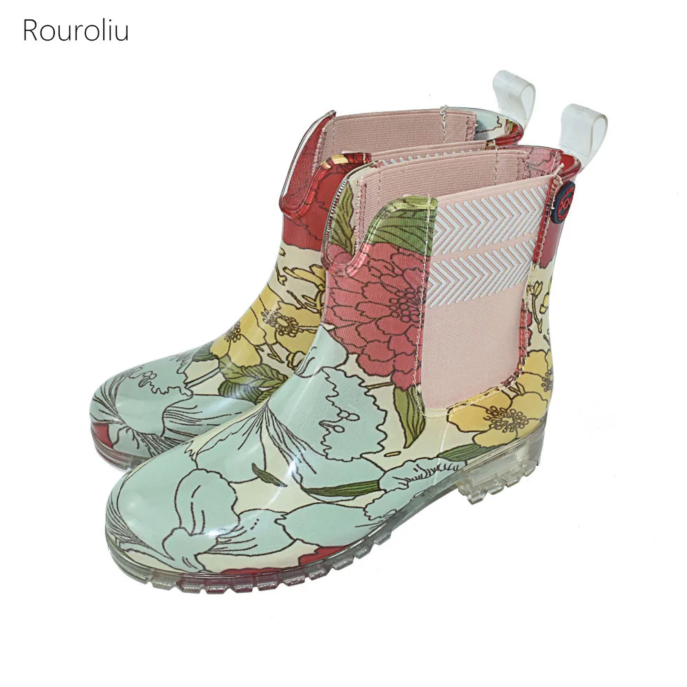 Women Elastic Band Rain Boots Spring Autumn New Fashion Non-slip Flower Print Water Boots Female Ankle Rainboots