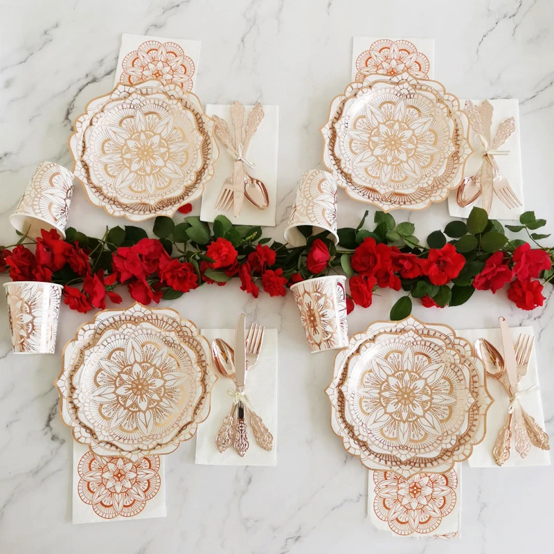 8pcs/lot Flower Rose Gold Paper Plates Birthday Party Dishes Pastel Plate with Gold Foil Baby Shower Wedding Decor Tableware