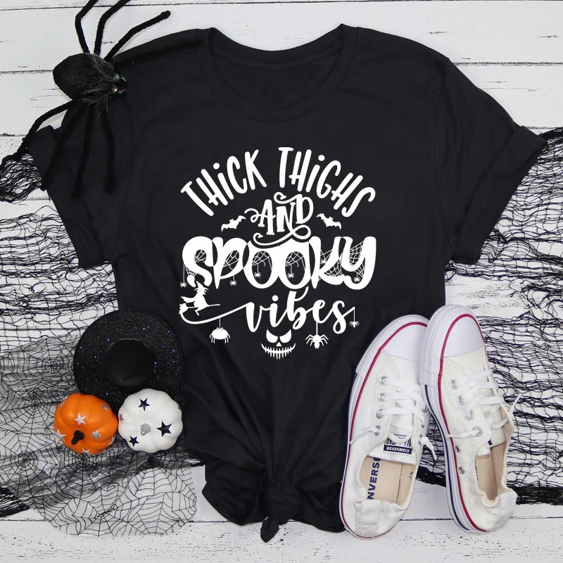 Thick Thighs And Spooky Vibes T-shirt Cute 90s Halloween Party Gift Tshirt Funny Women Graphic Holiday Workout Top Tee Shirt