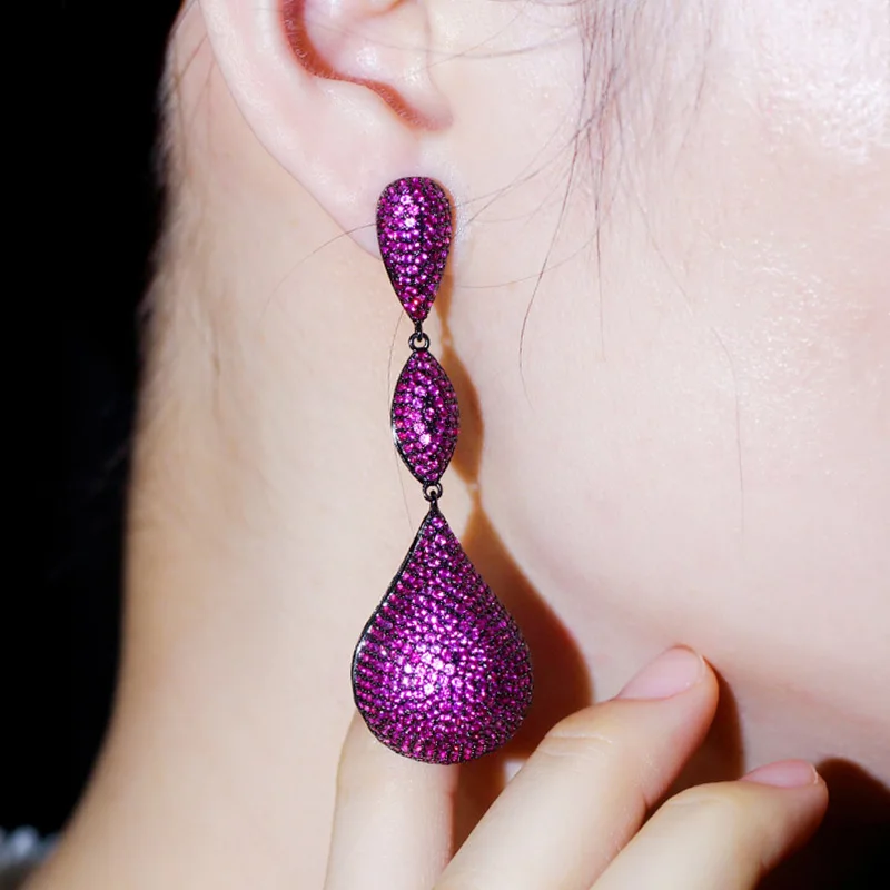 Pera Luxury Big Disco Ball Hot Pink CZ Stone Aesthetic Black Gold Color Long Engagement Party Dangle Earrings for Women E597