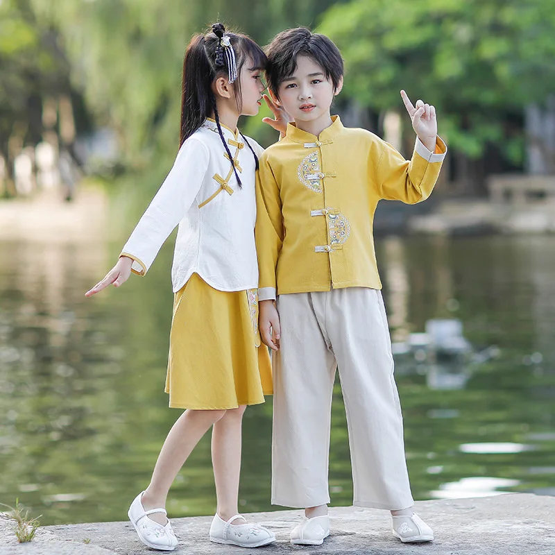 Spring Autunm Kids Chinese Lovely Ancient Hanfu Boys Embroidery Cotton Perform Costumes Girls Photography Clothing