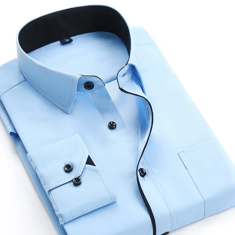 Plus Size Men Dress Shirts Long Sleeve Patchwork Turn Down Collar Business Shirts Men Regular Fit Male Shirts Mens Top MY204