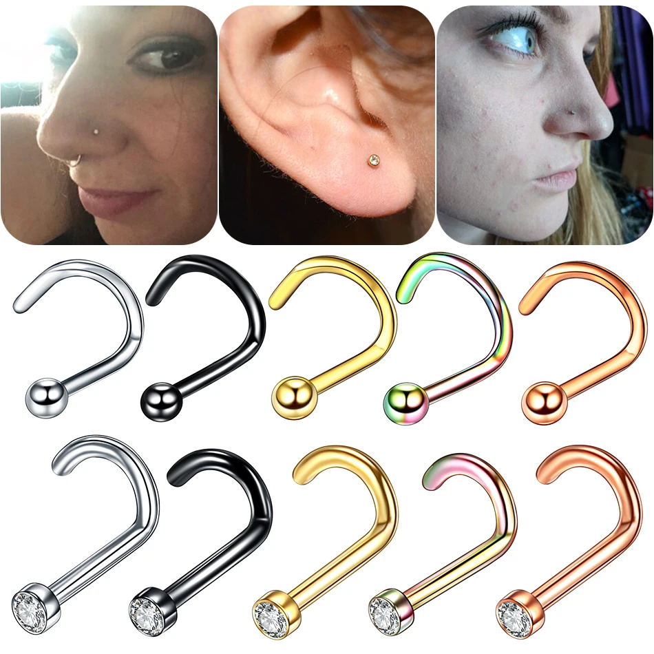 1PC Titanium L Shape Nose Screw Piercing Ring Stud CZ Nostril Jewelry 20G 18G Gem Nostril Earrings Body Piercing Nariz Jewelry