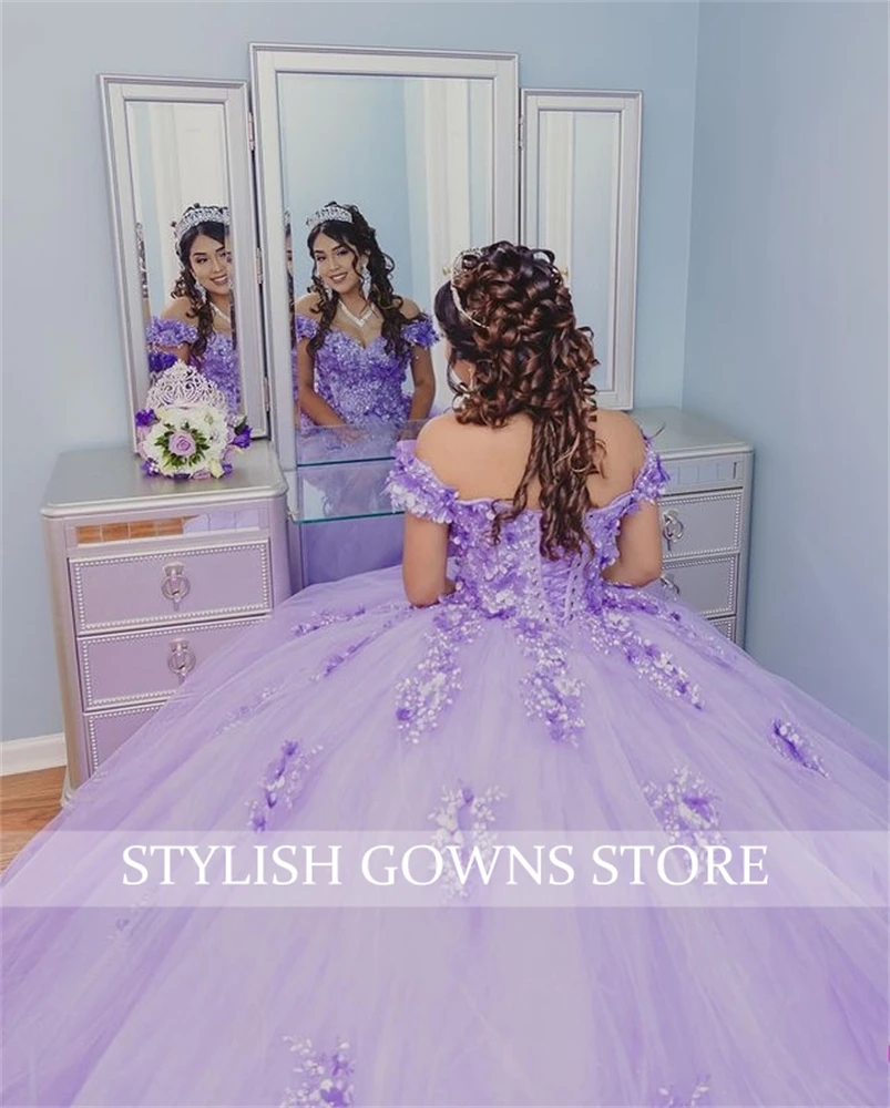 Tím Lệch Vai Bầu Phồng Sweet 16 ĐẦM ĐÍNH HẠT Quinceanera Áo Phối Ren Lưng 15 Năm Đảng Đồ Bầu dây Trang Trí Vũ Hội