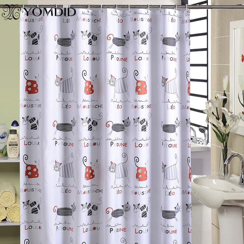 YOMDID Cartoon Bath Curtain Cute Cat Pattern Shower Curtains Bathroom Waterproof Thickened Polyester Cloth with 12 Pcs Hooks