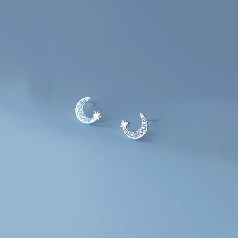 KAMIRA 925 Sterling Silver Korean Star Moon Shiny Blue Zircon Piercing Stud Earrings for Women Party Romantic Simple Jewelry 피어싱