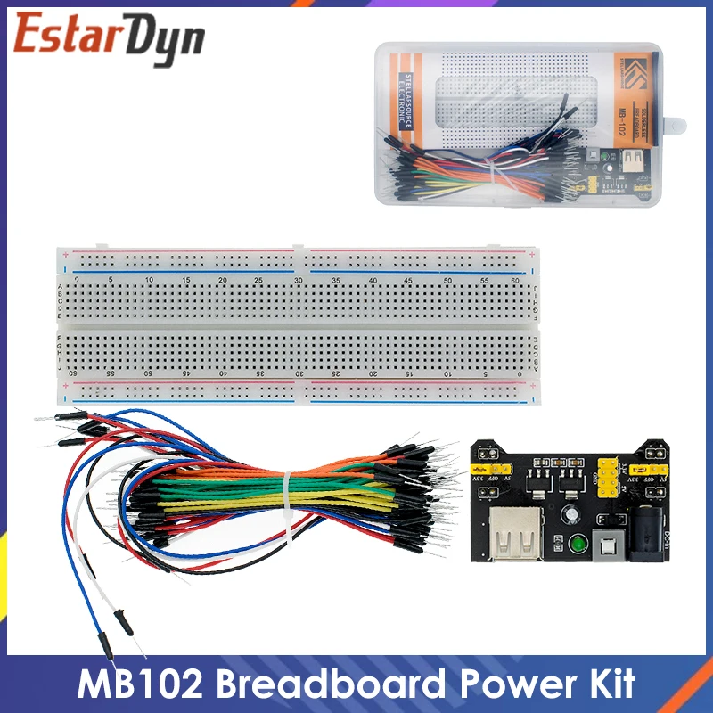 3.3V/5V MB102 Breadboard power module+MB-102 830 points Solderless Prototype Bread board kit +65 Flexible jumper wires