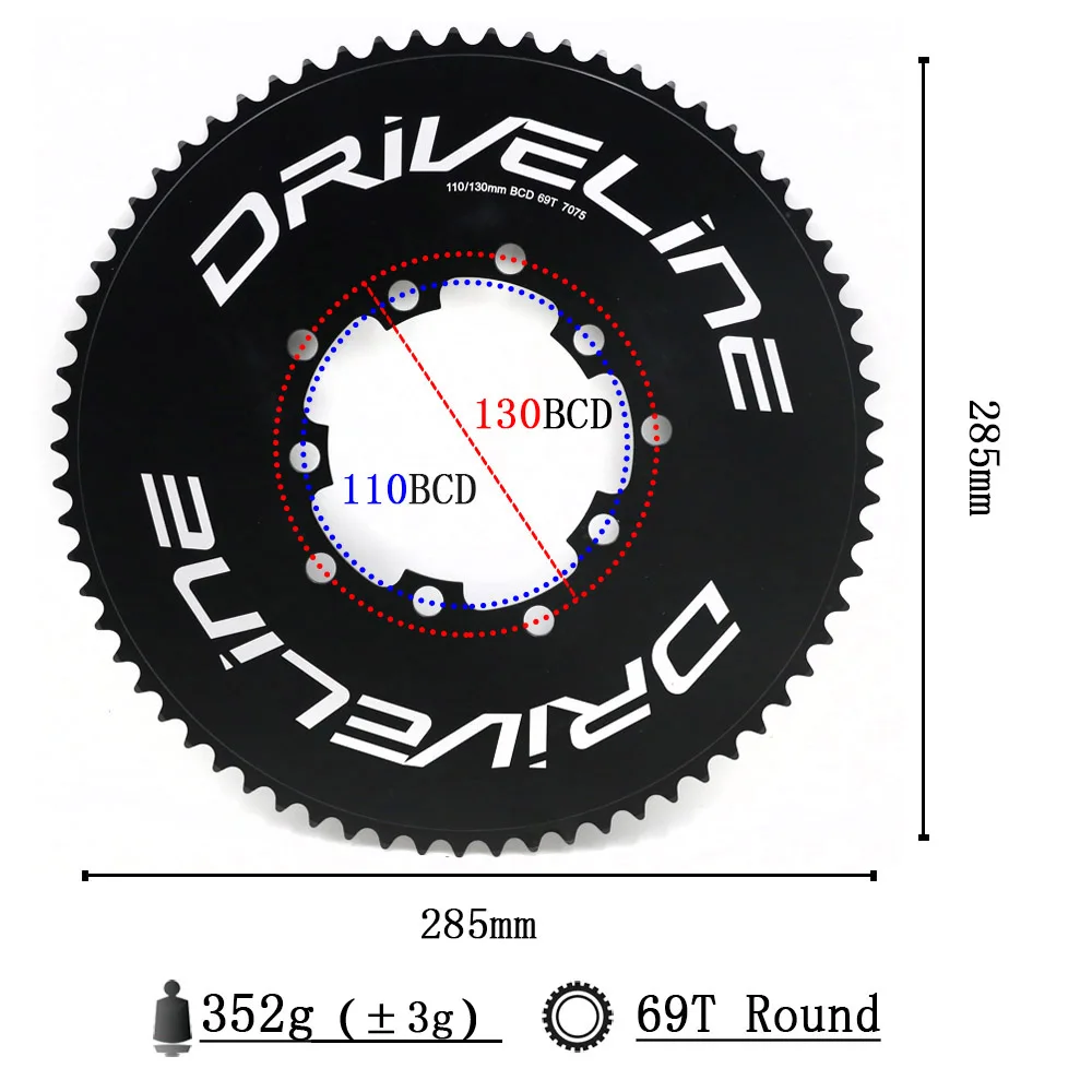 Transmissão-Corrente CNC para bicicletas rodoviárias, 69T, 75T, 11S, 110, 130BCD