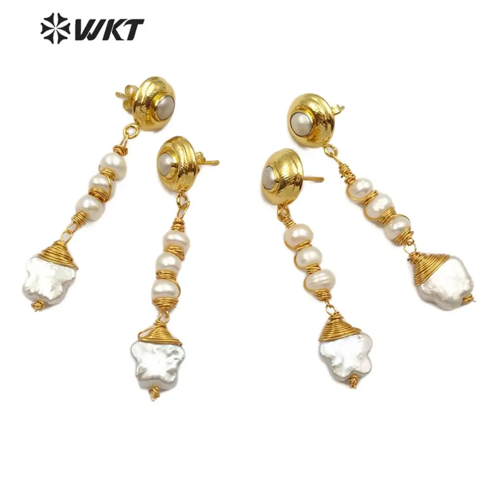 WT-E554 Natural Freshwater Pearl Earring Cute Flower Shape Pearl Pendant With Brass Wire Wrapped Pearl Earring