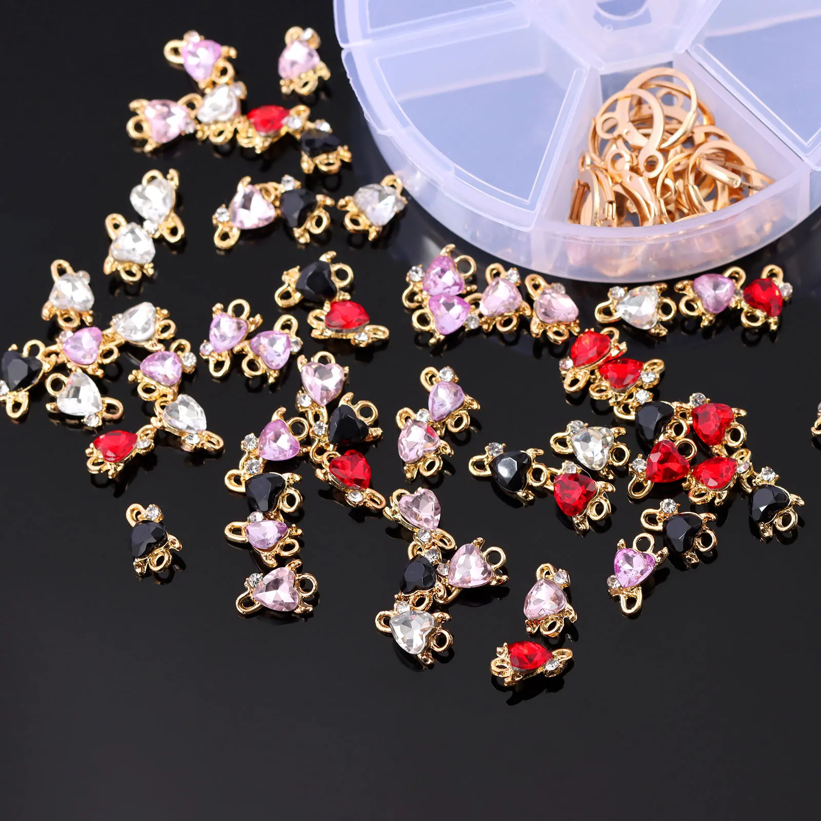 72Pcs/Lot Shiny Heart Rhinestone Colorful Charms With Free Box Jewelry Accessories for Making DIY Pendant Earrings Necklace
