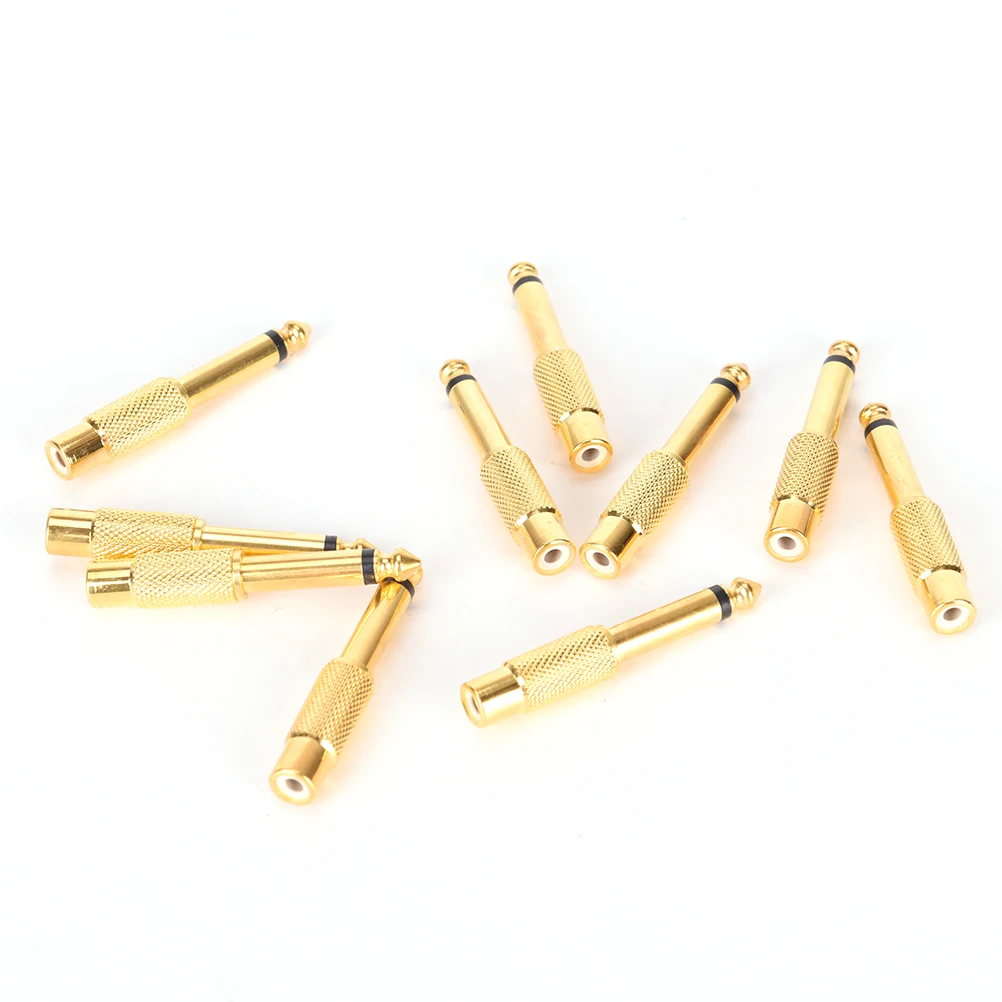 10 Pcs Gold Plated 6.35mm Male 1/4 for Mono Jack Plug Audio Connector Soldering To RCA Female Jack Audio Adapter Connector