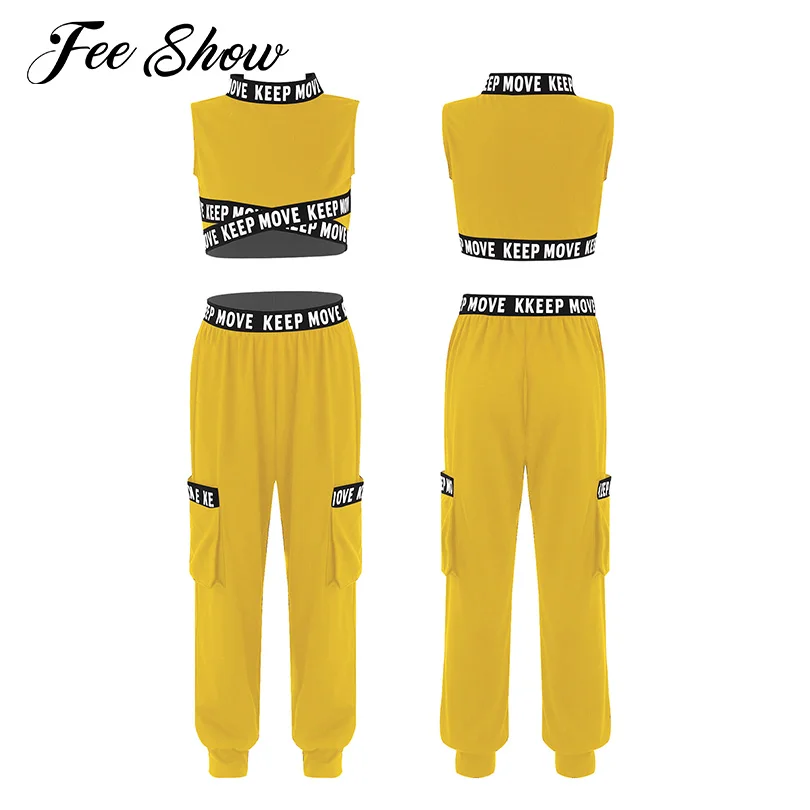 

2Pcs Kids Girls Sport Suits Sleeveless Letters Printed Crop Tops and Leggings Set Tracksuit Suit for Gym Running Dancing Workout