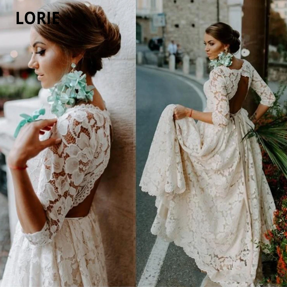 Lorie elegante vestido de casamento de renda cheia boho 2019 meia manga vestidos de casamento aberto voltar praia vestidos de noiva país do vintage mais tamanho