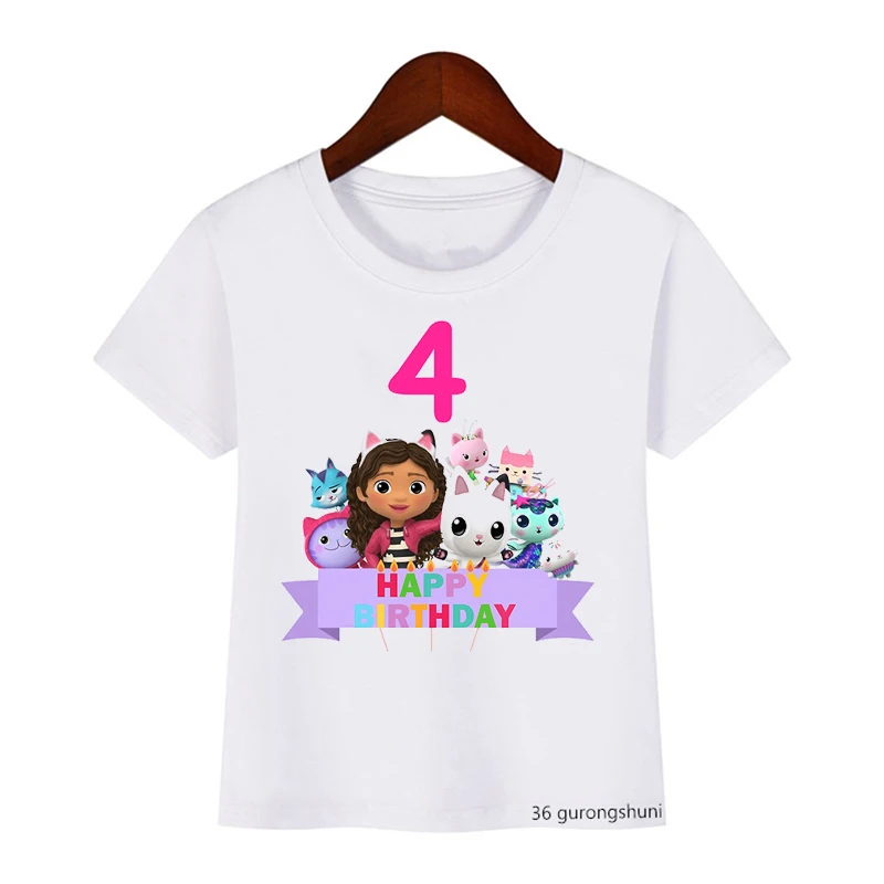 Kawaii Girls T-Shirt Cute Gabbys Doll House Cartoon Print Tshirt For Kids Birthday Clothing 2-10 Year Old Baby Girls Tshirt Tops