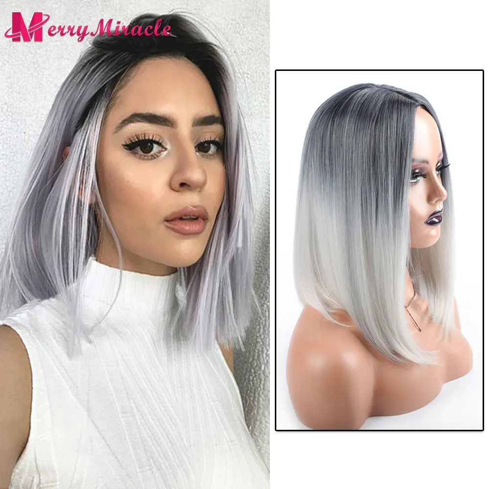 Silver Short Bob Synthetic Hair Wig Straight Wig without Bangs Synthetic Bob Wig for Black Women Short Afro Wigs with Fake Scalp