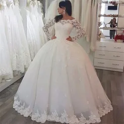 White Appliuqes Long Sleeves Puffy Wedding Dresses Ball Gowns Custom Made Princess Formal Maxi Bridal Gown Vestido de Casamento