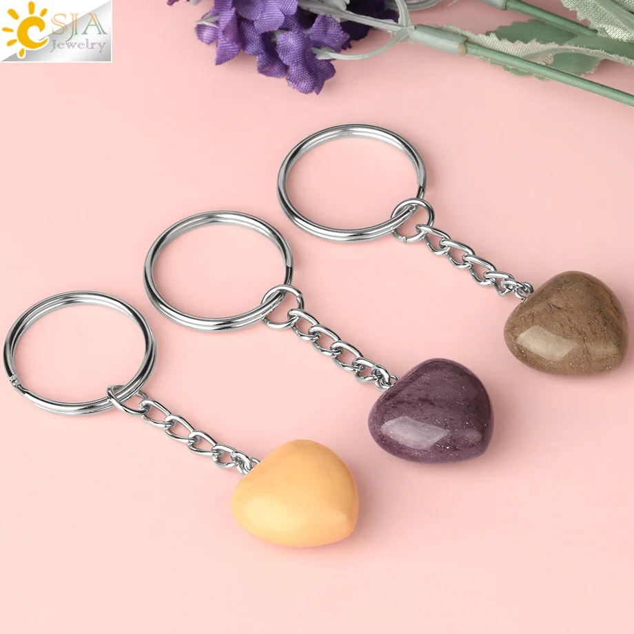CSJA Heart Keychain Accessories Natural Stone Cute Door Car Keychains for Girls Couple DIY Motorcycle Key Chain Ring Holder G686