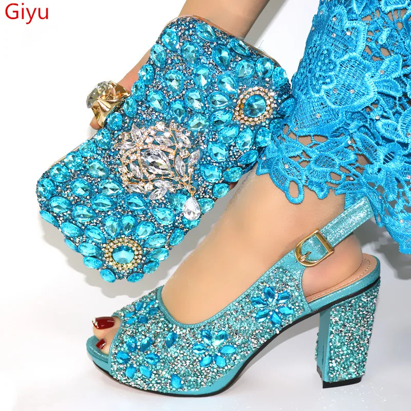 

doershow Italian sky blue Shoes with Matching Bags Sets Decorated with Rhinestone Women Shoes and Bags To Match Set ! SJL1-6