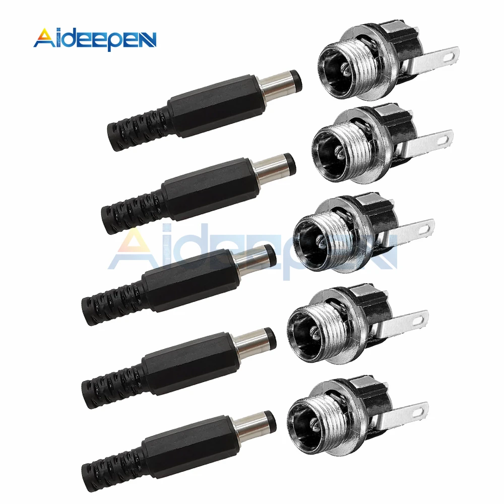 10PCS (5Pairs) 16V 1A 5.5x2.1mm Plastic Male Plugs DC-025M DC Power Socket Female Jack Screw Nut Panel Mount Connector 5.5*2.1MM