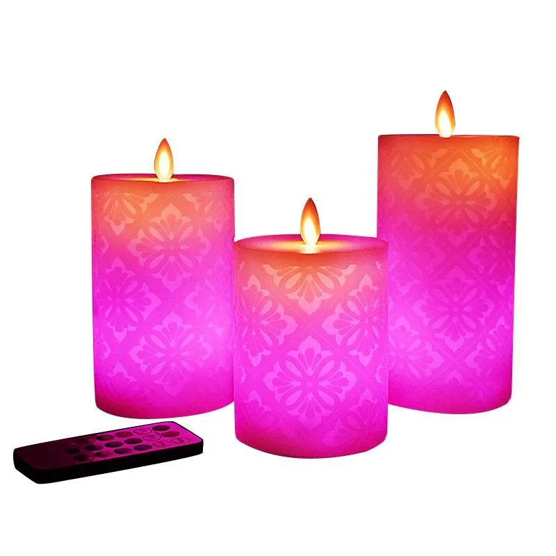 Color Changing LED Candle,Carved 3D Moroccan Design Paraffin Real wax Flickering Moving Wick Candle light Remote control w/Timer