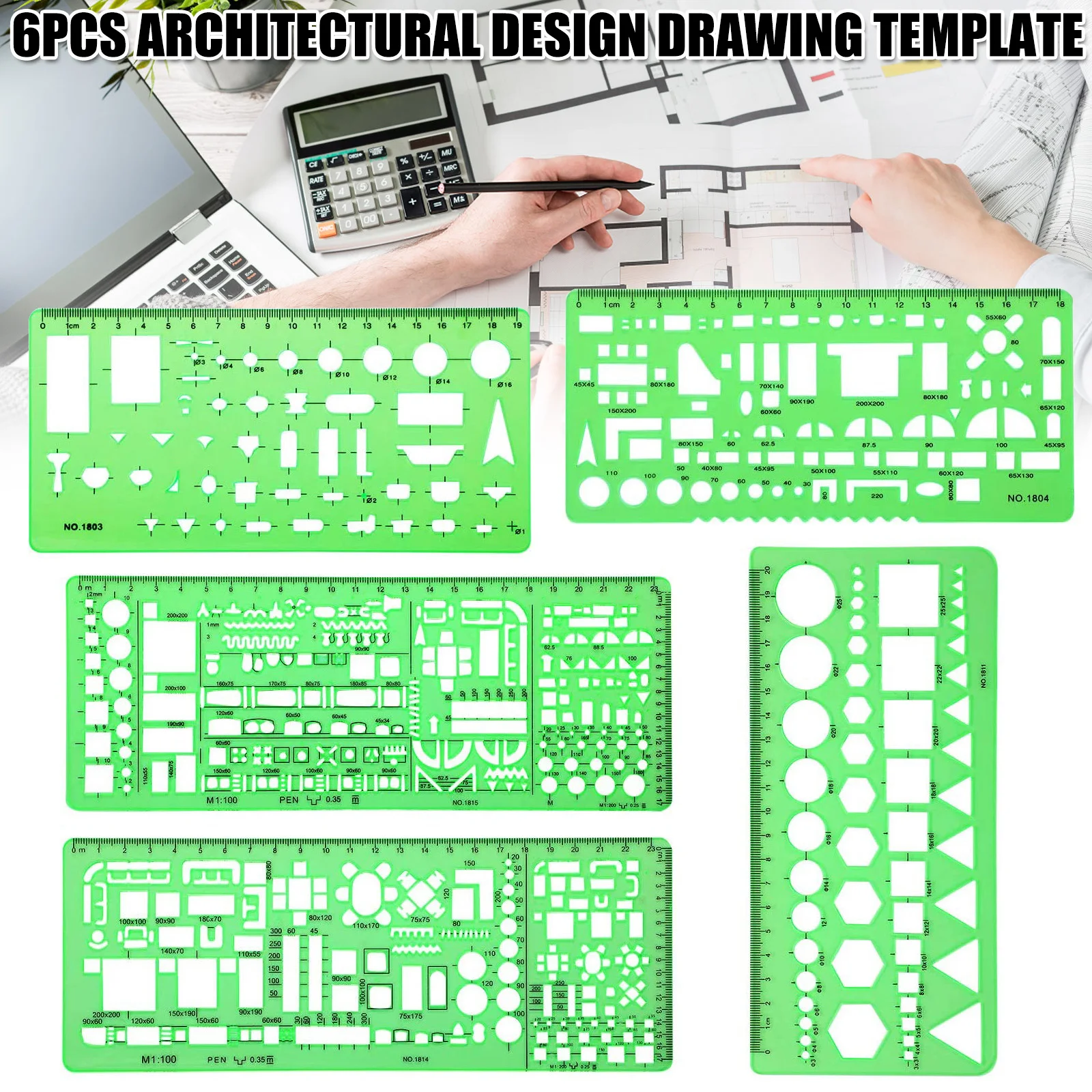 Rulers 6 Pcs Architect Multi Purpose Drawing Template Set House Plan Interior Design and Furniture Drafting Tool Ruler DJA88