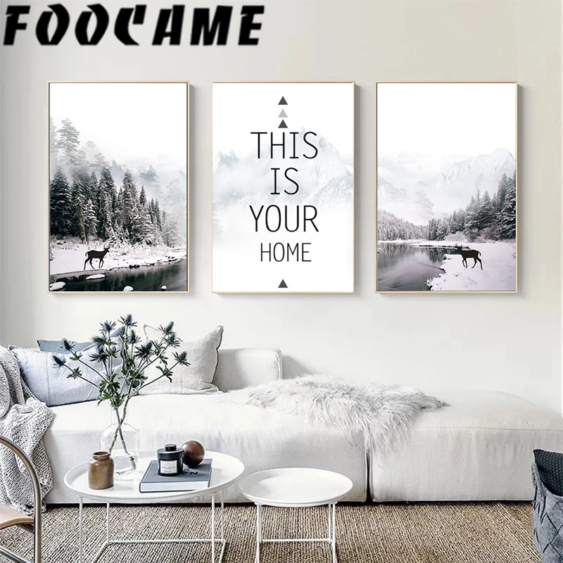 Cloud Forest Mood Elk Nordic Canvas Print Wall Art Black and White Poster Decoration Snow Landscape Painting Living Room Picture