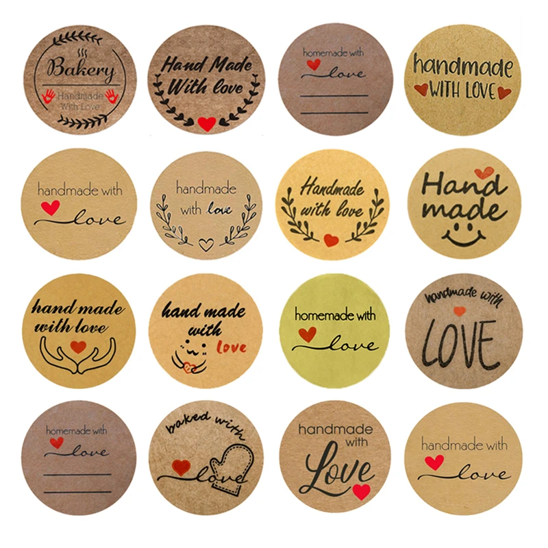 500 Pcs/roll Runde Handmade mit Liebe Aufkleber Handgemachte Scrapbooking Etiketten Kraft Kleber Aufkleber Hochzeit Schmücken Etiketten Aufkleber