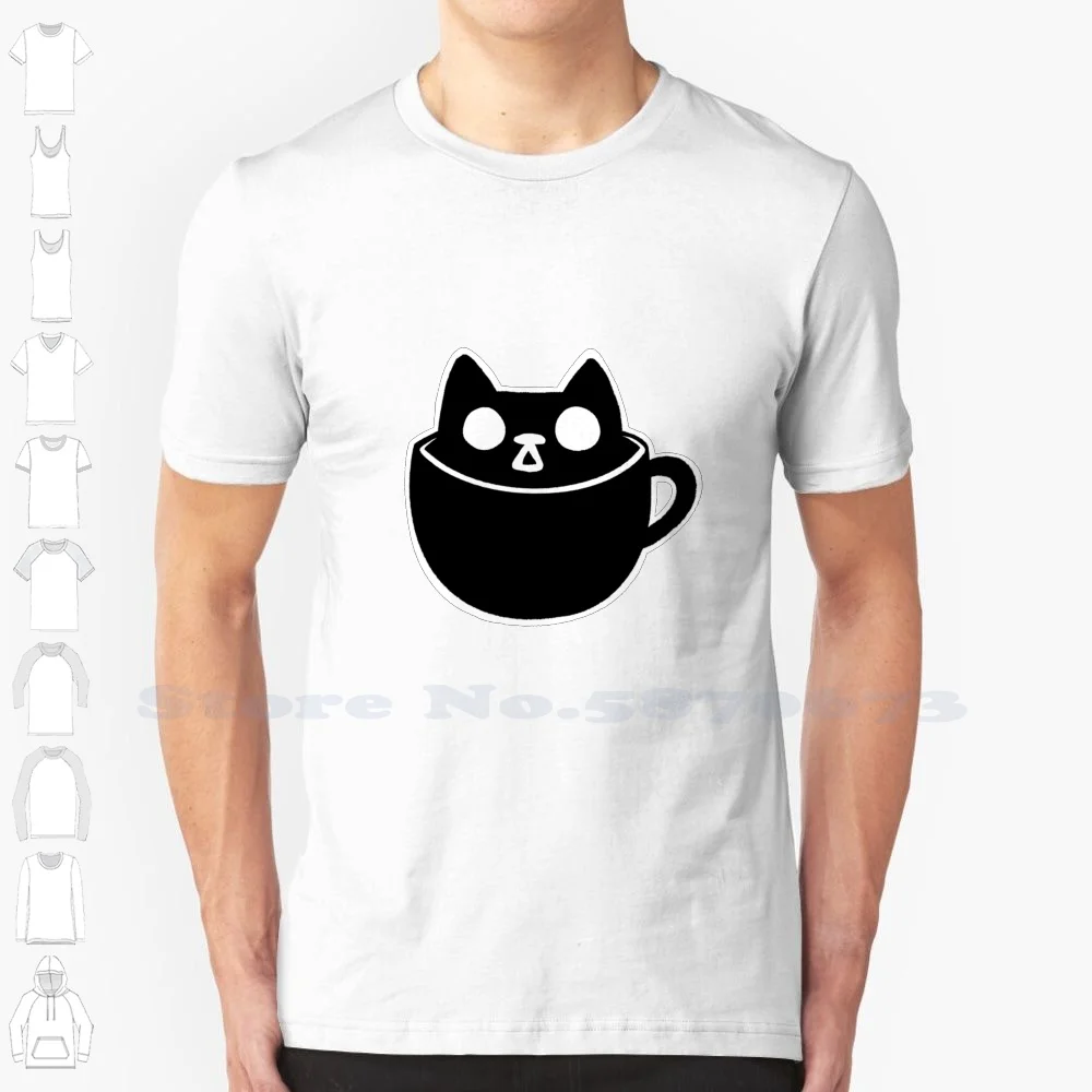 Spooky Cup Of Tea Or Coffee Cat Head Pattern Black And White 100% Cotton T-Shirt Mooniya Stories Spooky Cute Cat Black Cat Big