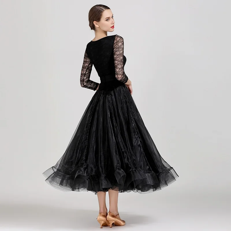 Black Lake Blue Ballroom Dance Dress Lace Standard Women Competition Modern Dancewear Costume Big Swing Waltz Practice Clothes