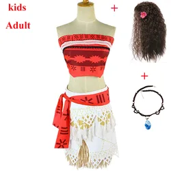 Adult Kids Princess Vaiana Moana Costume Dresses with Necklace Wig Women Girls Halloween Party Moana Dress Cosplay Full Set