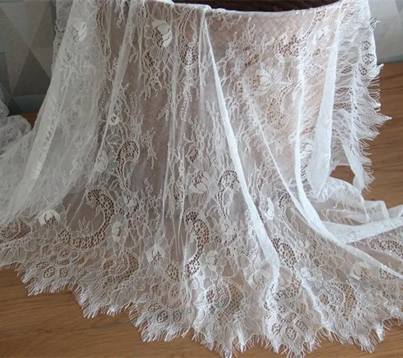 

3 Yards Off White Chantilly Lace Scalloped Border Lace Fabric Soft Floral Lace Trim 25” Width