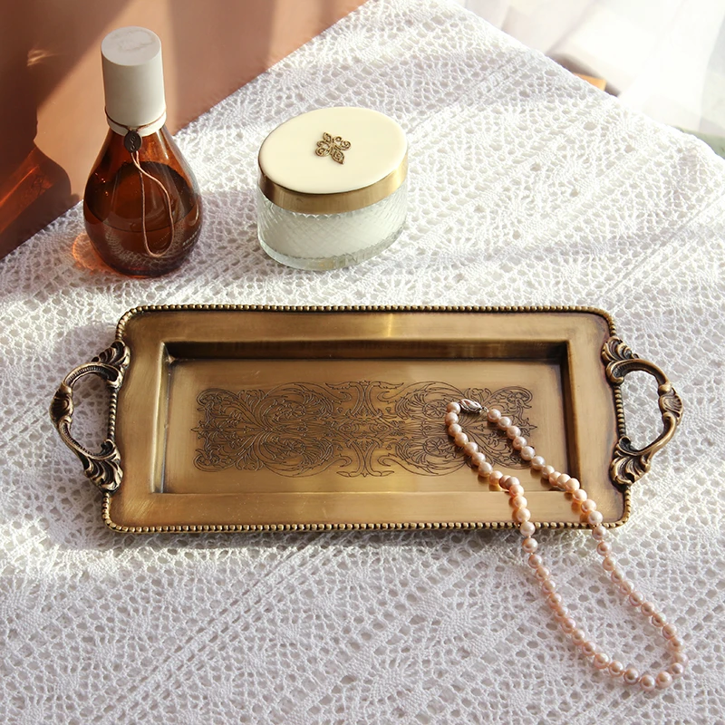 Brass Tray Decorative Fruit Plate Retro Rectangular Tea Tray Home Exquisite Snack Dessert Organizer Desktop Jewelry Storage