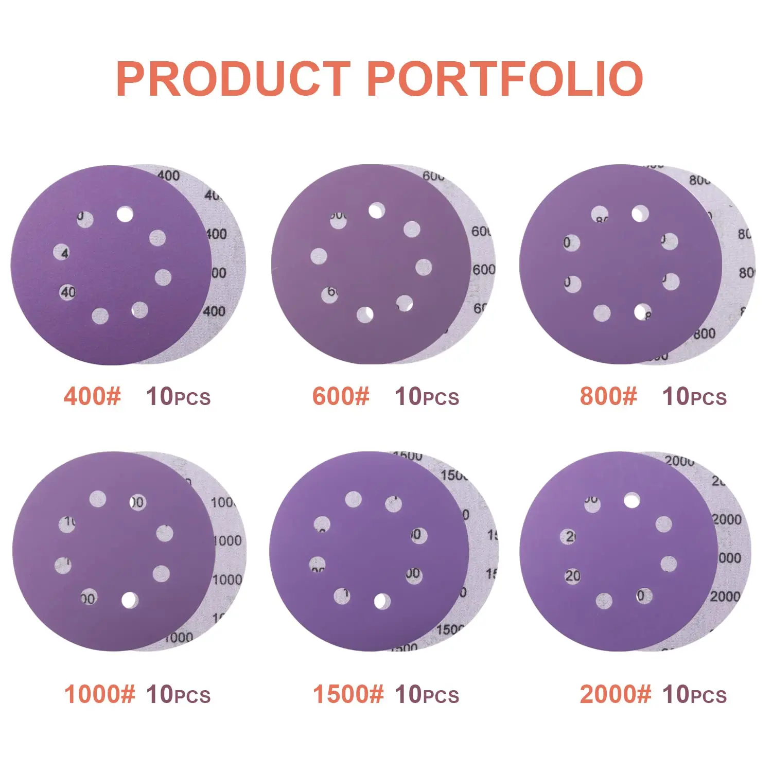 60PCS 5 Inch 8 Holes Sanding Discs Purple Film Orbital Sander Hook and Loop 8 Hole Wet Dry Sandpaper Assorted with Interface Pad