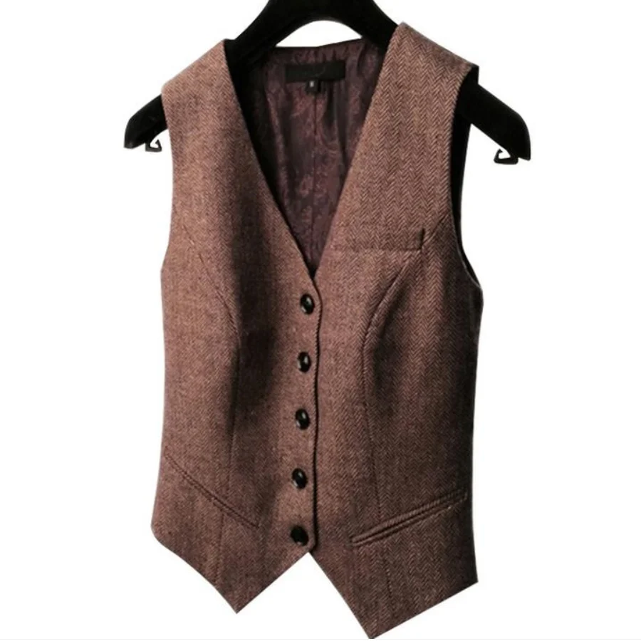 

Spring New Suit Vest Ladies Waistcoat Short Jacket Casual Ol Coat Women 3xl Single-breasted woolen herringbone pattern pocket t