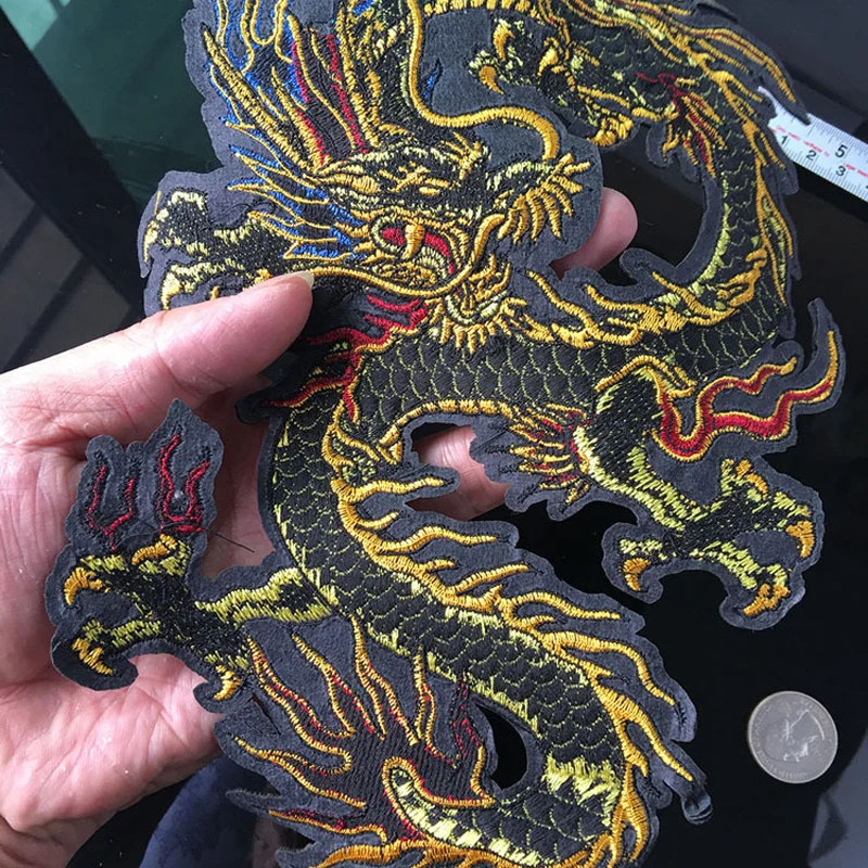 China Dragon Patches For Clothing Sew On Biker Motorcycle Embroidered Punk Skull Badges Big Black snake Coat Accessory