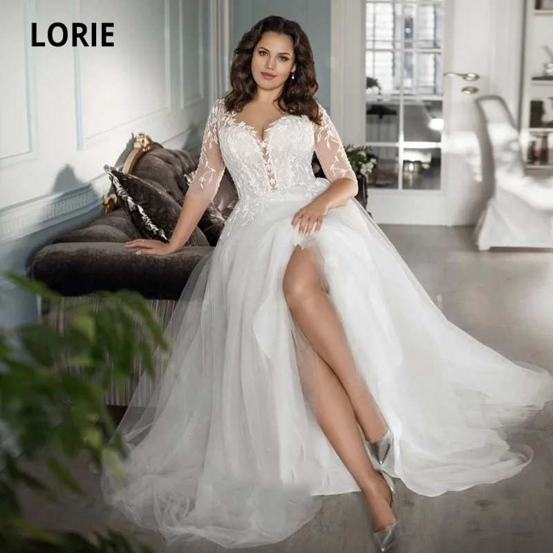 

LORIE Plus Size Wedding Dresses V Neck Appliques Lace A-Line Tulle White Ivory Half Sleeves Bride Gown 2021 vestidos de novia