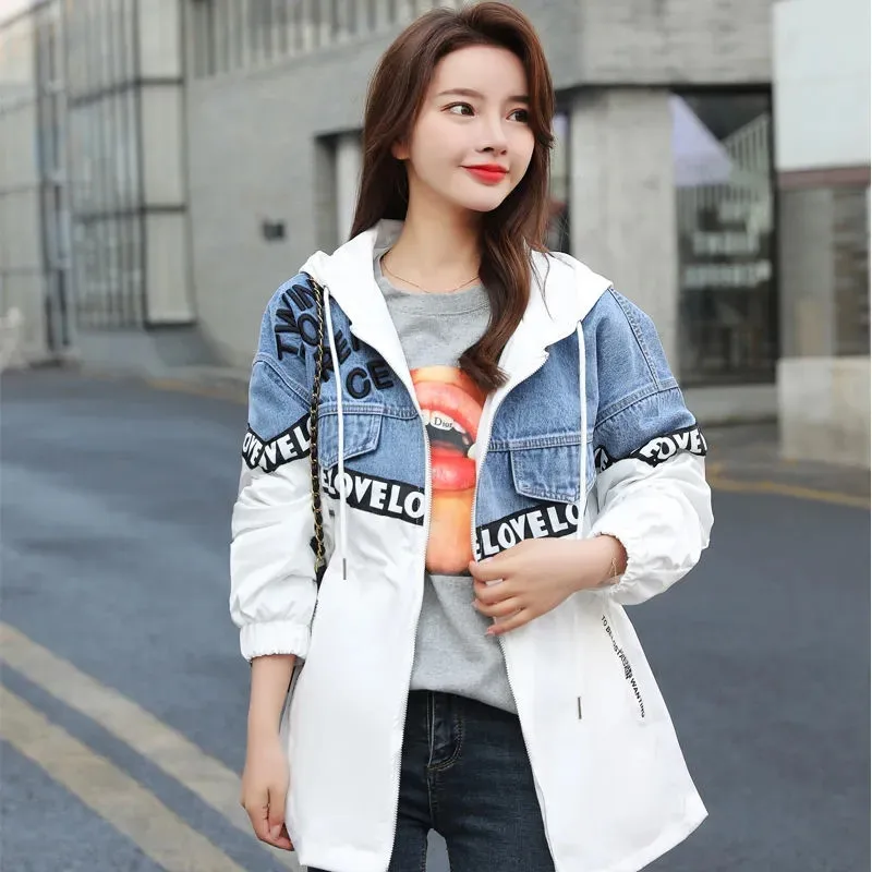 Spring Autumn New Ladies denim jacket Casual Hooded All-match Women\'s Coat Loose Cowboy Letter Printing Patchwork Ms Outerwear