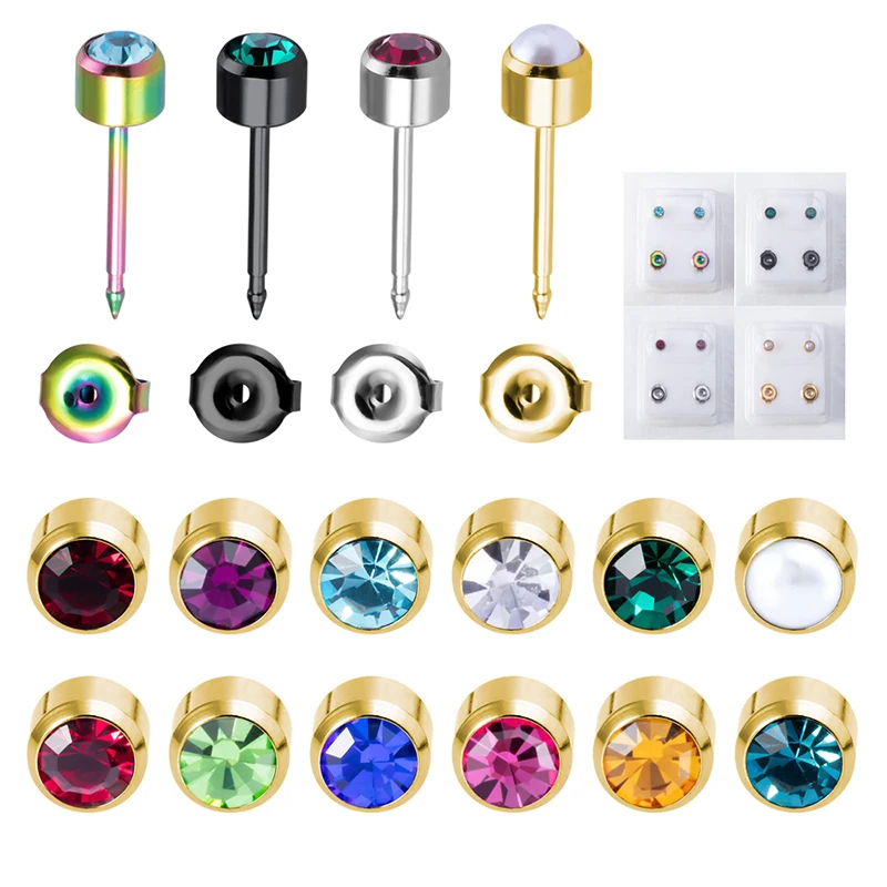 1 Pair Fashion Steel Sterile Ear Piercing Birthstone Stud Earrings Crystal Cartilage Tragus Helix for Woman Earring Gun Jewelry