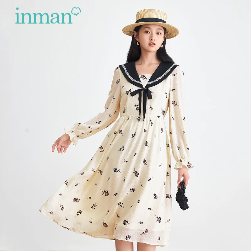 INMAN Autumn Spring Women's Dress Sweet Bow-Knot Tether Navy Collar Pastoral Printing Flared Cuffs A-Line Long Sleeve One-Piece