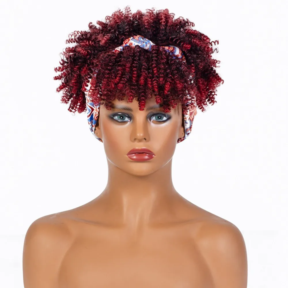 

Synthetic Hair Headscarf Wig European and American Wigs Headband Hair Belt Wig Wine Red African Small Curly