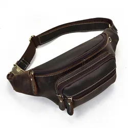 Men's leather belt pouch men casual cowskin waist bags of male crazy horse leather waist pack with earphone hole fanny pack