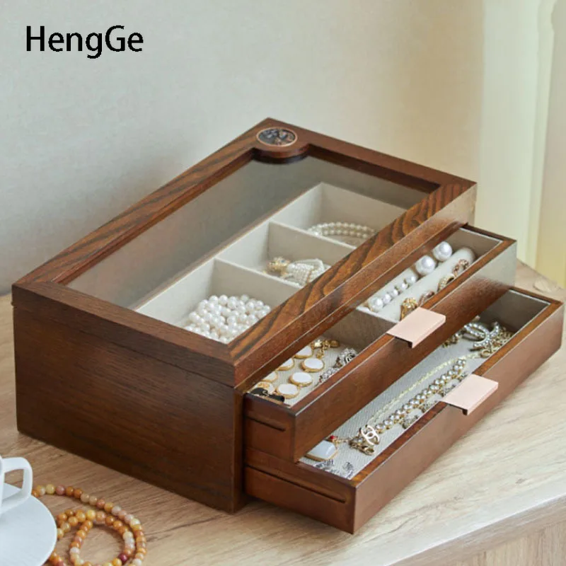 Retro Black Walnut Wood Jewelry Storage Box Bedroom Decor Room Dressing Table High Capacity Necklace Ring Drawer Organizer Case